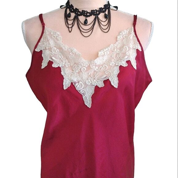VTG 90s Red Satin White Lace Trim Long Slitted Lingerie Slip Dress Large - Picture 2 of 15